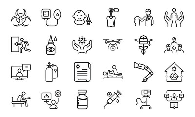 24 Medical and Healthcare Line Icons Hospital, Doctor, Patient Care, Emergency, Surgery, Pharmacy, Vaccination, Telemedicine, First Aid, and Medical Equipment Vector Icon Bundle