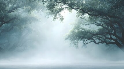 A mystical forest landscape with a waterfall and a dark sky filled with a heavy texture of clouds and fog