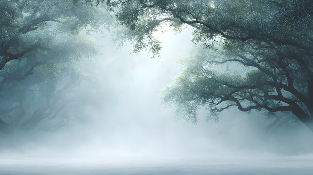 A mystical forest landscape with a waterfall and a dark sky filled with a heavy texture of clouds and fog