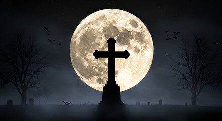 Silhouette of a cross-shaped tombstone under a full moon, creating a mystical and eerie atmosphere with flying black birds in the night sky.