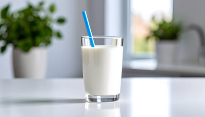 Glass Of Fresh Milk With Blue Straw On White Table Top With Blurred Background