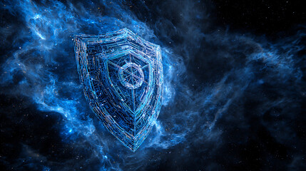 Abstract digital blue shield with cyber security elements representing tech protection concept art.