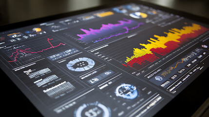 AI data analytics dashboard on large screen showing real - time metrics for a futuristic business intelligence interface.