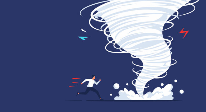 Man flees massive tornado symbolizing business challenges and crisis management - Powered by Adobe
