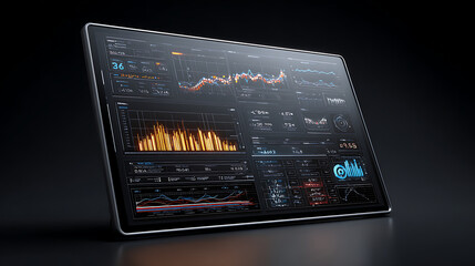 AI data analytics dashboard on large screen showing real - time metrics for a futuristic business intelligence interface.