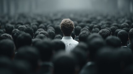 Obraz premium Man in White Shirt Standing Out in a Crowd of Black Shirts: The Chosen Concept for Job Seekers and Employees