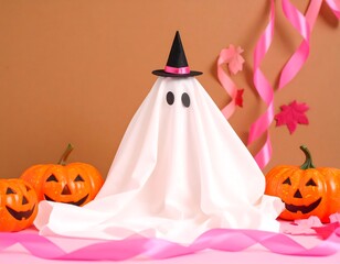 Halloween ghost surrounded by pumpkins and ribbons