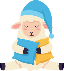 Cute sleeping lamb wearing blue nightcap and holding blue and yellow pillows vector illustration 