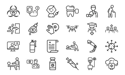 24 Medical and Healthcare Line Icons Hospital, Doctor, Patient Care, Emergency, Surgery, Pharmacy, Vaccination, Telemedicine, First Aid, and Medical Equipment Vector Icon Bundle
