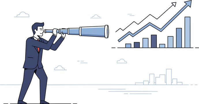 Visionary businessman looking through telescope at upward business growth chart