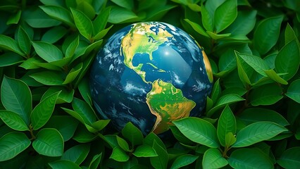 Earth globe surrounded by lush green leaves, symbolizing environmental awareness under natural ambient light.