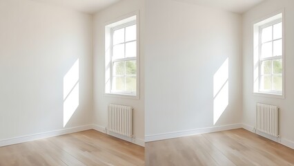 Obraz premium Simple room comparison showing plain walls versus freshly painted walls with natural light.
