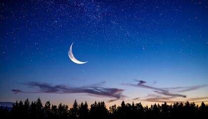 Serene Twilight: Crescent Moon, Starry Sky, Silhouetted Pine Trees, Peaceful Night Landscape.