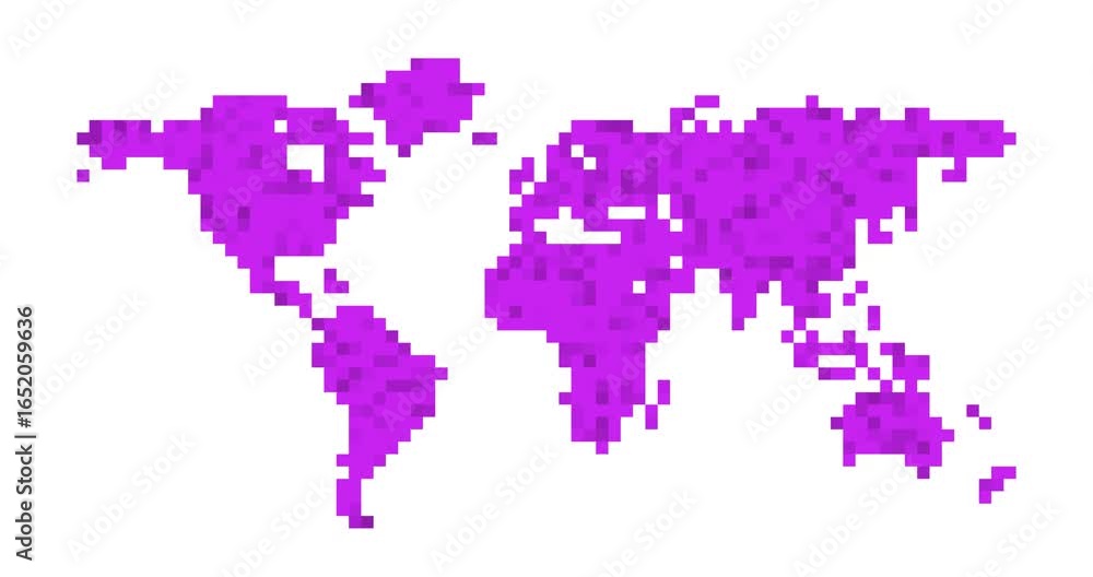 Poster pixelated world map design with moving purple pixels on a white background