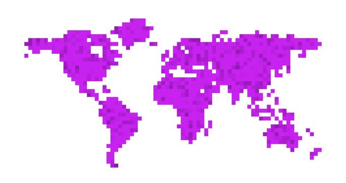 Pixelated world map design with moving purple pixels on a white background