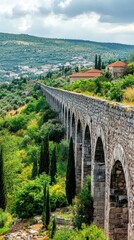 Ancient aqueduct running through green village
