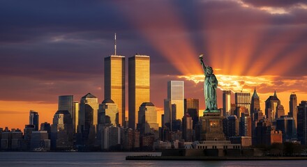 Statue of Liberty with Golden Sunset and City Skyline in New York Harbor