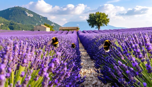 Lavender field, bumblebees in flight, farmhouse, tree, mountains