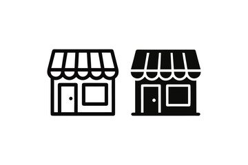 Icon set featuring two store fronts one outlined and the other filled business and commerce concepts