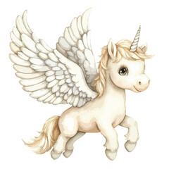 Watercolor Style Cream Unicorn Pegasus with Detailed Feathered Wings and Spiral Horn