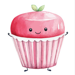 Watercolor Style Cupcake Character with Smiling Face and Green Leaf Topping