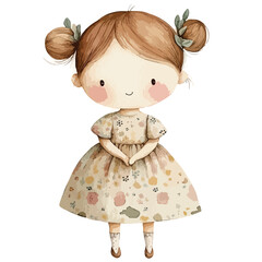 Watercolor Style Doll with Floral Dress and Hair Buns with Green Accents