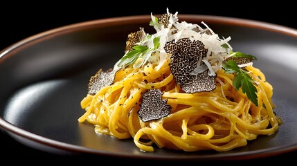 Gourmet Truffle Pasta Dish Served on a Black Plate with Fresh Herbs and Grated Cheese
