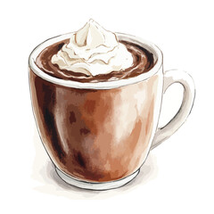 Watercolor style hot chocolate with whipped cream in a brown ceramic mug