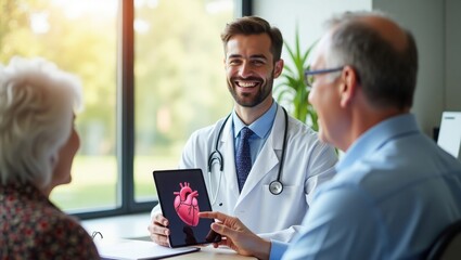 A cheerful doctor uses a tablet to explain a healthy heart concept to a smiling senior patient, highlighting compassionate medical care on a bright, healthy day.