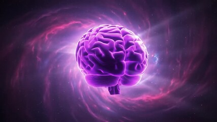 A dynamic cosmic journey exploring a luminous purple brain floating through a swirling galaxy nebula. - Powered by Adobe