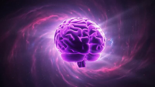 A dynamic cosmic journey exploring a luminous purple brain floating through a swirling galaxy nebula.