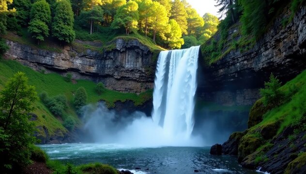 Taughannock Falls cascades down cliff face, water churning at base , whitewater, water