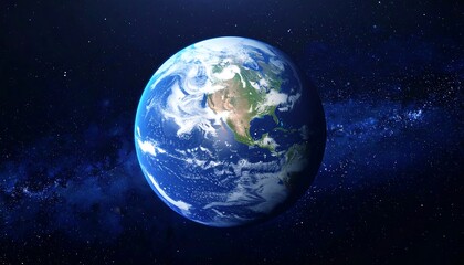 Stunning high-resolution image of Earth from space, showcasing North America, detailed cloud formations, and a dramatic cosmic backdrop of stars and the Milky Way galaxy.