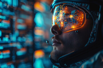 Obraz premium A pilot or operator wearing an augmented reality visor with a complex heads-up display. A concept for human augmentation enhancing situational awareness and control in a futuristic cockpit or command 