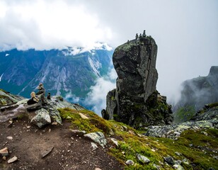 Mountaintop rock formation with cairns, overlooking a misty fjord and distant peaks