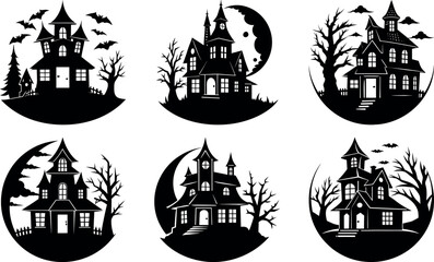 Six Spooky Halloween Haunted House Silhouettes for Design