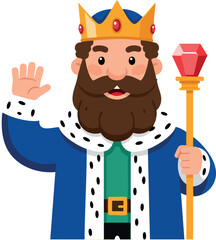 King cartoon character with crown and royal blue robe holding scepter vector illustration 
