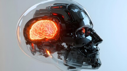 Futuristic Robot Head with Visible Brain in Transparent Casing