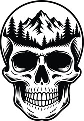 Detailed skull illustration featuring a mountain range and forest inside the cranium, rendered in black and white, perfect for tattoo designs or edgy graphic projects.
