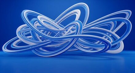 Abstract 3d rendering of intertwined blue and white tubular shapes on a gradient blue background