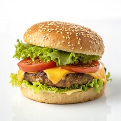 Classic cheeseburger with lettuce tomato and cheese isolated on white background
