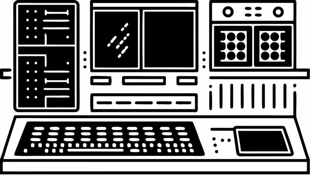 Illustration of an old computer system with a keyboard and various display panels and controls |  editable eps vectors silhouette