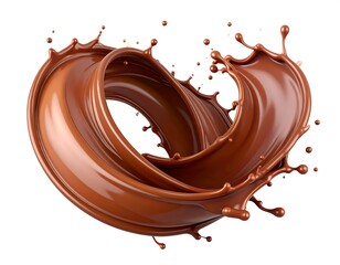 Dynamic swirling chocolate splash; rich brown, glossy texture; isolated on white background; perfect for advertising; decadent dessert imagery; high-resolution 3D render.