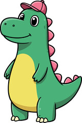 Cute green cartoon dinosaur wearing pink cap standing friendly vector illustration 
