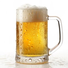Cold beer mug with foam isolated on white background