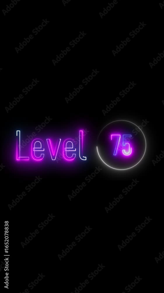 Poster bold neon text shows level seventy five. eye-catching loop. vertical video. neon level 75 graphic wi