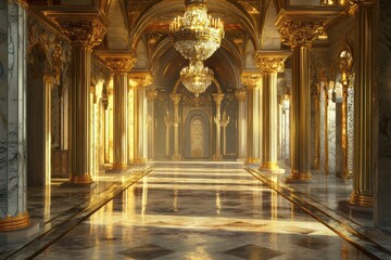 Obraz premium Luxurious palace corridor with gold columns 