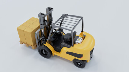 Yellow Forklift Carrying Cardboard Boxes 3D Rendering on White Background