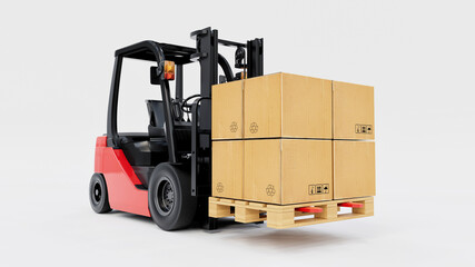 Red Forklift Carrying Cardboard Boxes 3D Rendering on White Background