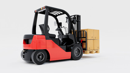 Red Forklift Carrying Cardboard Boxes 3D Rendering on White Background